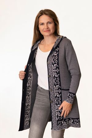 Pezzo D'oro Art en Laine Strickmantel,Gehrock mit Kapuze,Merinowolle,made in Bayern,marine/grau Speichern exportieren