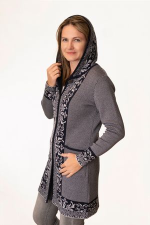 Pezzo D'oro Art en Laine Strickmantel,Gehrock mit Kapuze,Merinowolle,made in Bayern,marine/grau Speichern exportieren