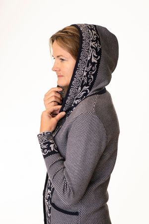 Pezzo D'oro Art en Laine Strickmantel,Gehrock mit Kapuze,Merinowolle,made in Bayern,marine/grau Speichern exportieren