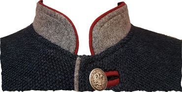 Pezzo D'oro Herren Trachtenstrickjacke blaumelange mit grauem Loden abesetzt, roter Paspel Räumungsverkauf