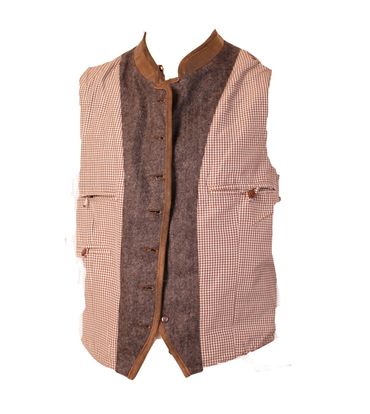 Pezzo D'oro Herren Trachtenweste Tweed hellgrau/dunkelgrau Lederkragen/Paspel, Karofutter Kauf eins, bekomm eins gratis