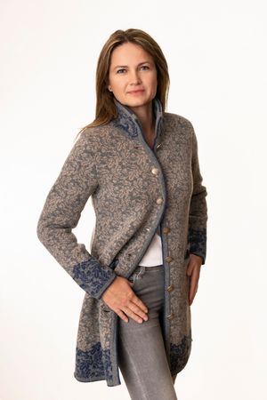 Pezzo D'oro Pezzo D&#039;oro Strickmantel in grau/blau gemustert, reine Wolle, hergestellt in Bayern, dicker warmer Wollmantel für Outdoor Kostenloser Versand international