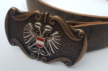 Pezzo D'oro Trachtengürtel Österreichwappen, handgefertigt in Bayern, Antikleder dunkelbraun Kostenloser Versand