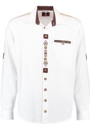 Pezzo D'oro Trachtenhemd Herren, weiß mit traditioneller Stickerei, Leinenoptik, Pattentasche, Leinenbesatz, Langarm Sonderangebot