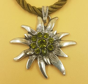 Pezzo D'oro Trachtenkette Edelweiß altsilber,grünes Kordelband und Glitzersteine Günstig kaufen