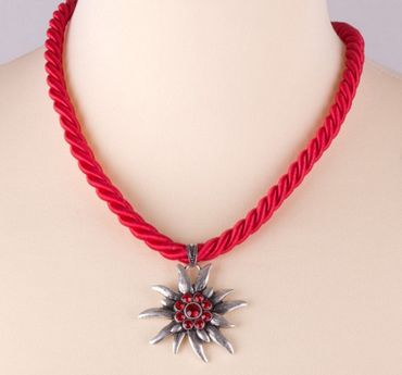 Pezzo D'oro Trachtenkette Kordelband rot ,Edelweißanhänger altsilber, rote Straßsteine Versandkostenfrei