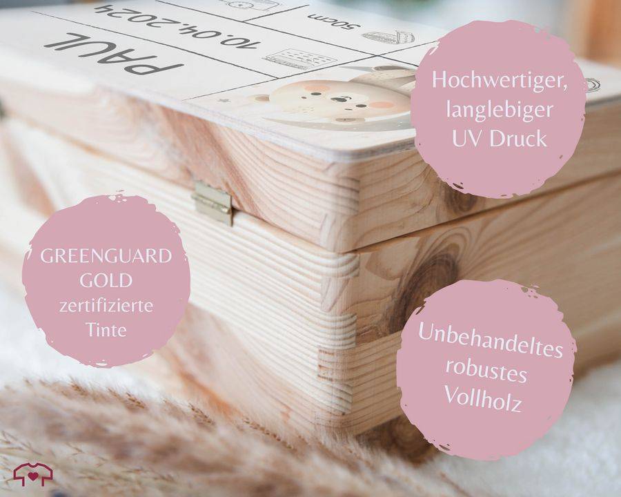 Shirtracer Holzkiste zur Geburt Baby Personalisierte mit Bär Baby Erinnerungsbox Geschenk zur Geburt Shirtracer Kostenloser Versand international