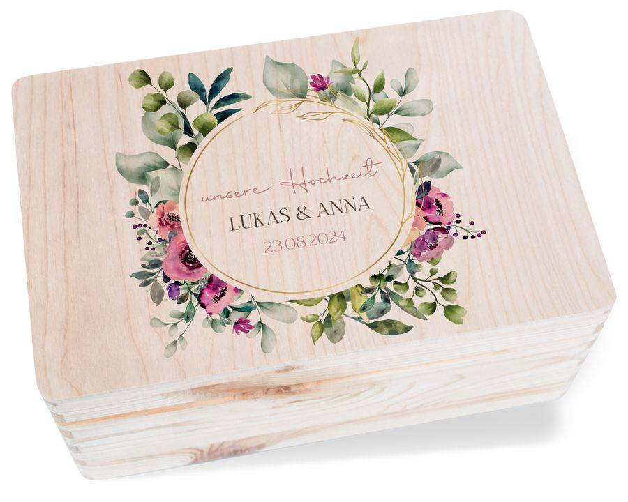 Shirtracer Erinnerungsbox Unsere Hochzeit mit Blumenkranz personalisiert Geschenke zur Hochzeit Shirtracer Begrenzt auf 3 Tage