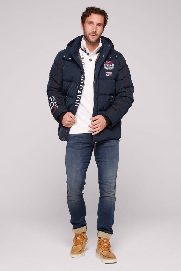 Soccx Lange Steppjacke mit Kapuze und Rücken-Artwork blue navy Vatertagsangebot