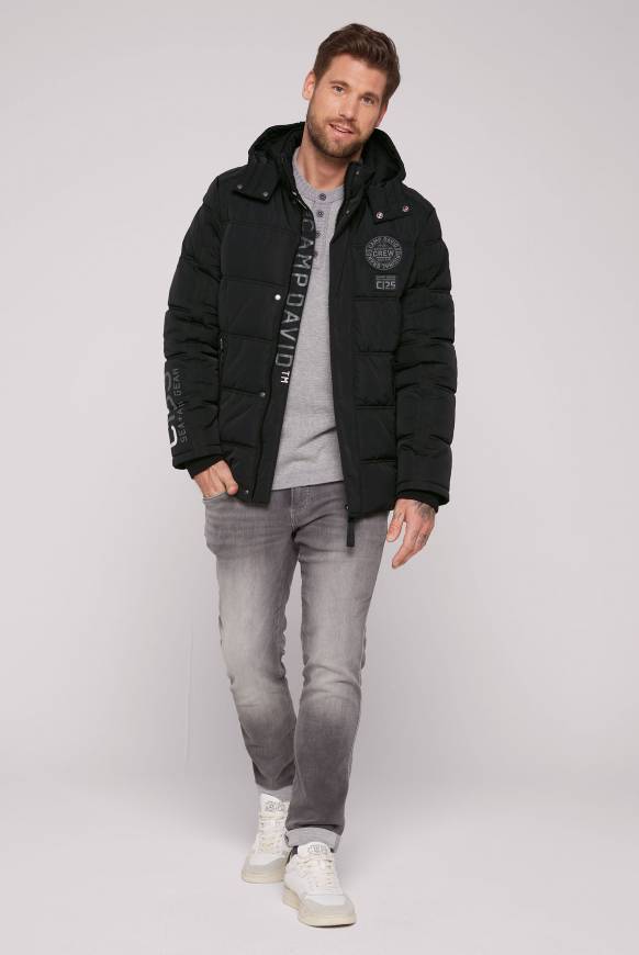Soccx Lange Steppjacke mit Kapuze und Rücken-Artwork black Lagerräumung