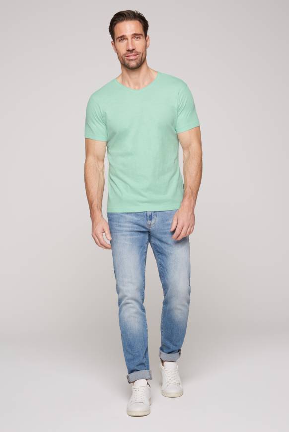 Soccx Basic T-Shirt V-Neck mit Used-Kante sun aqua Flash Sale