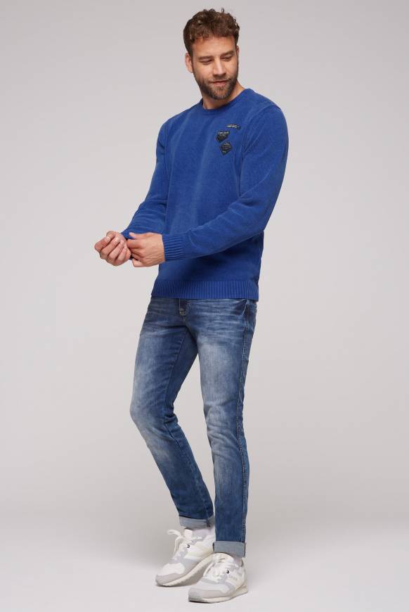 Soccx Chenille-Pullover Stone Washed mit Patches strong blue Clearance-Verkauf