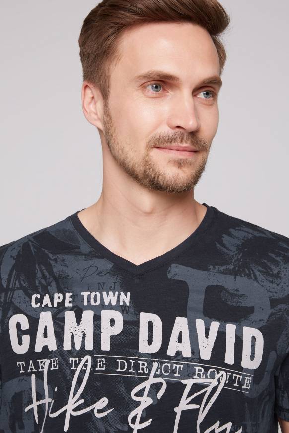 Soccx T-Shirt V-Neck mit All Over Print blue navy Sonderangebot der Fabrik