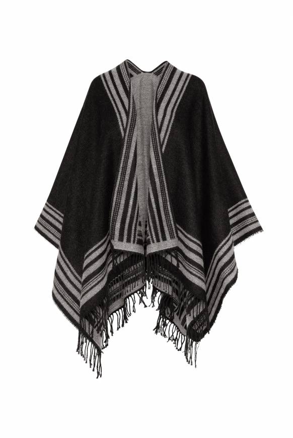 Soccx Poncho mit Streifen-Design und Fransen black / grey Weihnachtsangebot