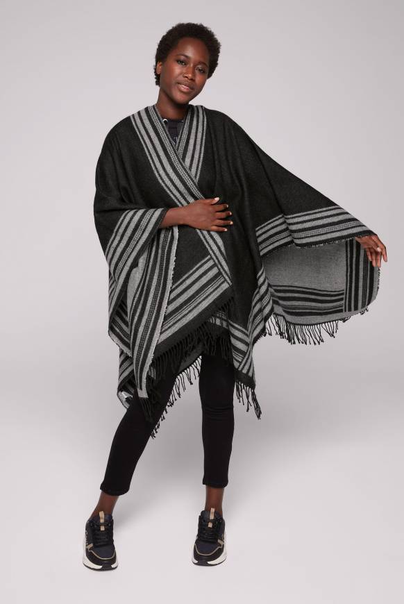 Soccx Poncho mit Streifen-Design und Fransen black / grey Weihnachtsangebot