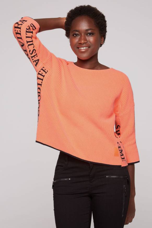 Soccx Stone Washed Pullover mit Intarsia-Design neon orange Heißer Verkauf