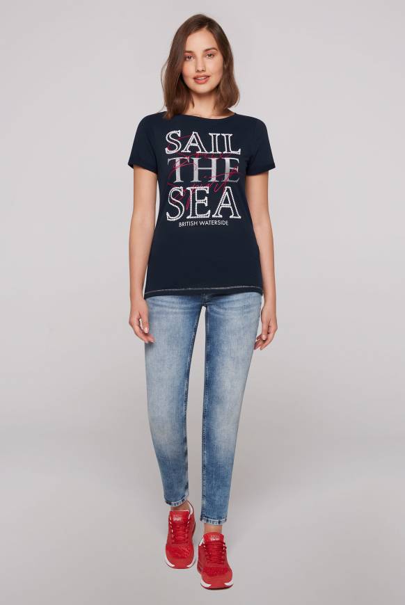 Soccx T-Shirt mit U-Boot-Ausschnitt und Glossy-Pailletten-Print blue navy Riesige Rabatte