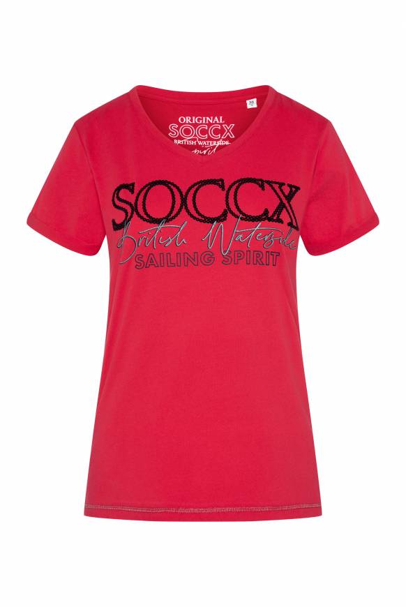Soccx T-Shirt mit V-Ausschnitt und Glitter Print clear red 50% Rabatt mit kostenlosem Versand
