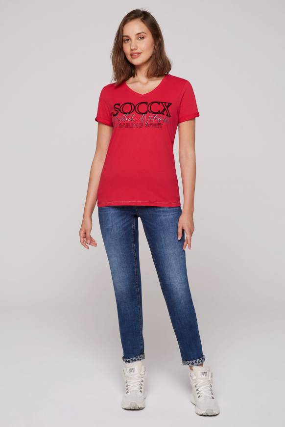 Soccx T-Shirt mit V-Ausschnitt und Glitter Print clear red 50% Rabatt mit kostenlosem Versand