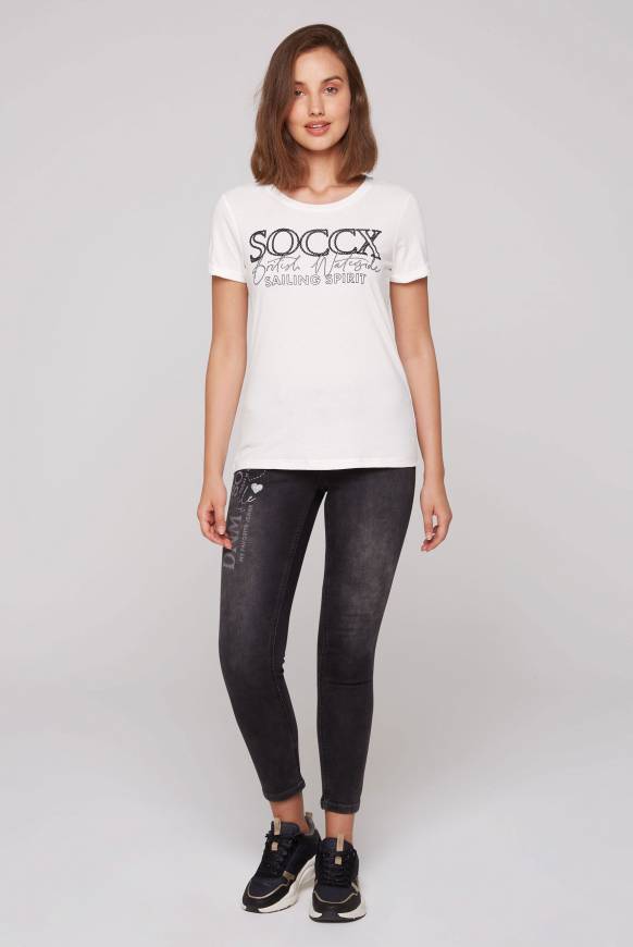 Soccx T-Shirt mit Rundhalsausschnitt und Glitter Print ivory Clearance-Verkauf