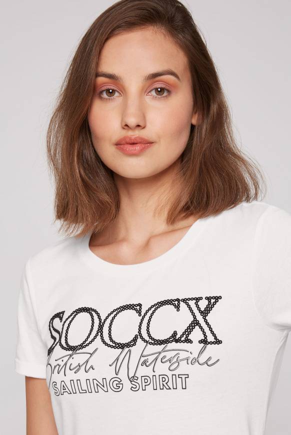 Soccx T-Shirt mit Rundhalsausschnitt und Glitter Print ivory Clearance-Verkauf