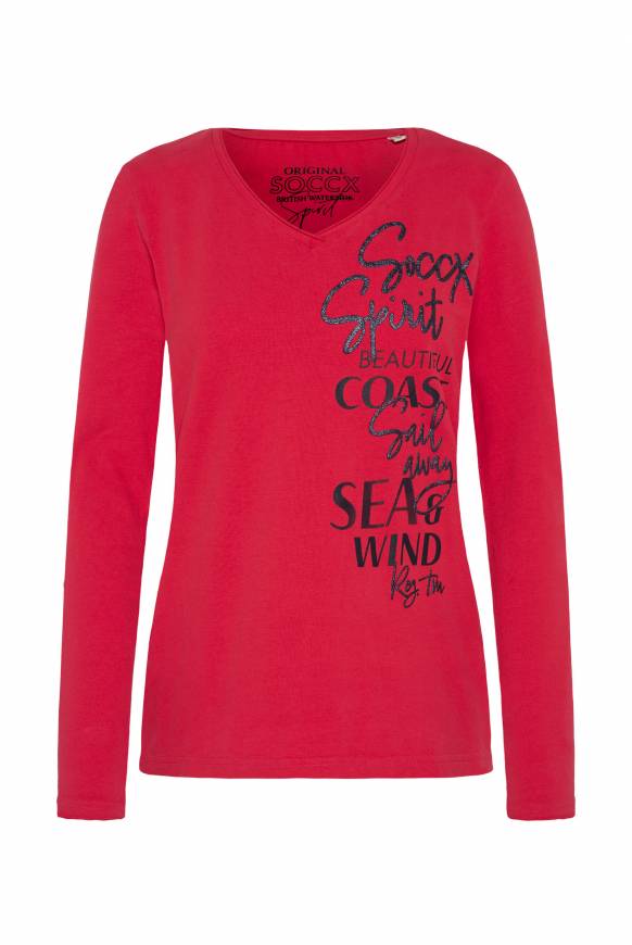 Soccx Longsleeve mit V-Ausschnitt und Glitter-Puff-Prints clear red Fabrikladen