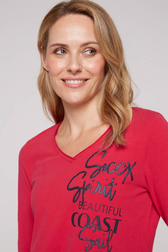 Soccx Longsleeve mit V-Ausschnitt und Glitter-Puff-Prints clear red Fabrikladen
