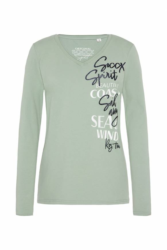 Soccx Longsleeve mit V-Ausschnitt und Glitter-Puff-Prints muted aqua Im Verkauf