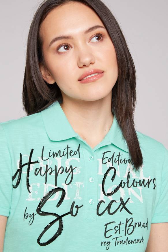 Soccx Kurzarmpolo mit Print und Pailletten neo aqua Großer Ausverkauf