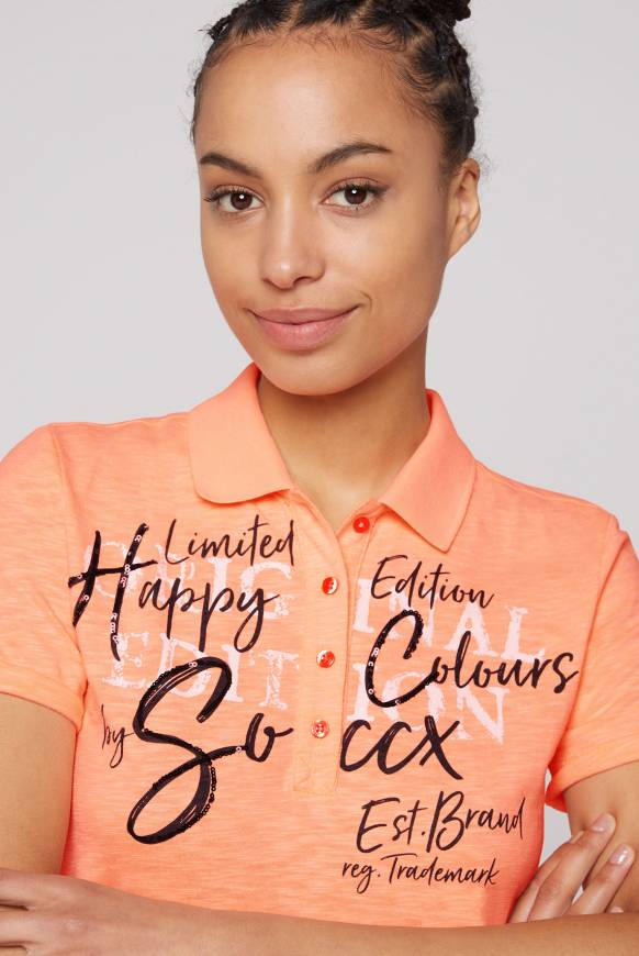 Soccx Kurzarmpolo mit Print und Pailletten neon orange Flash Sale