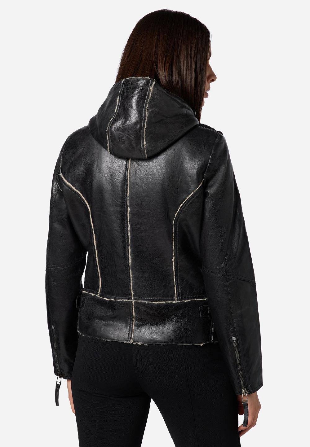 RICANO Damen Lederjacke Jule Bikerjacke mit Fellfütterung und Kapuze Kostenlose Rückgabe