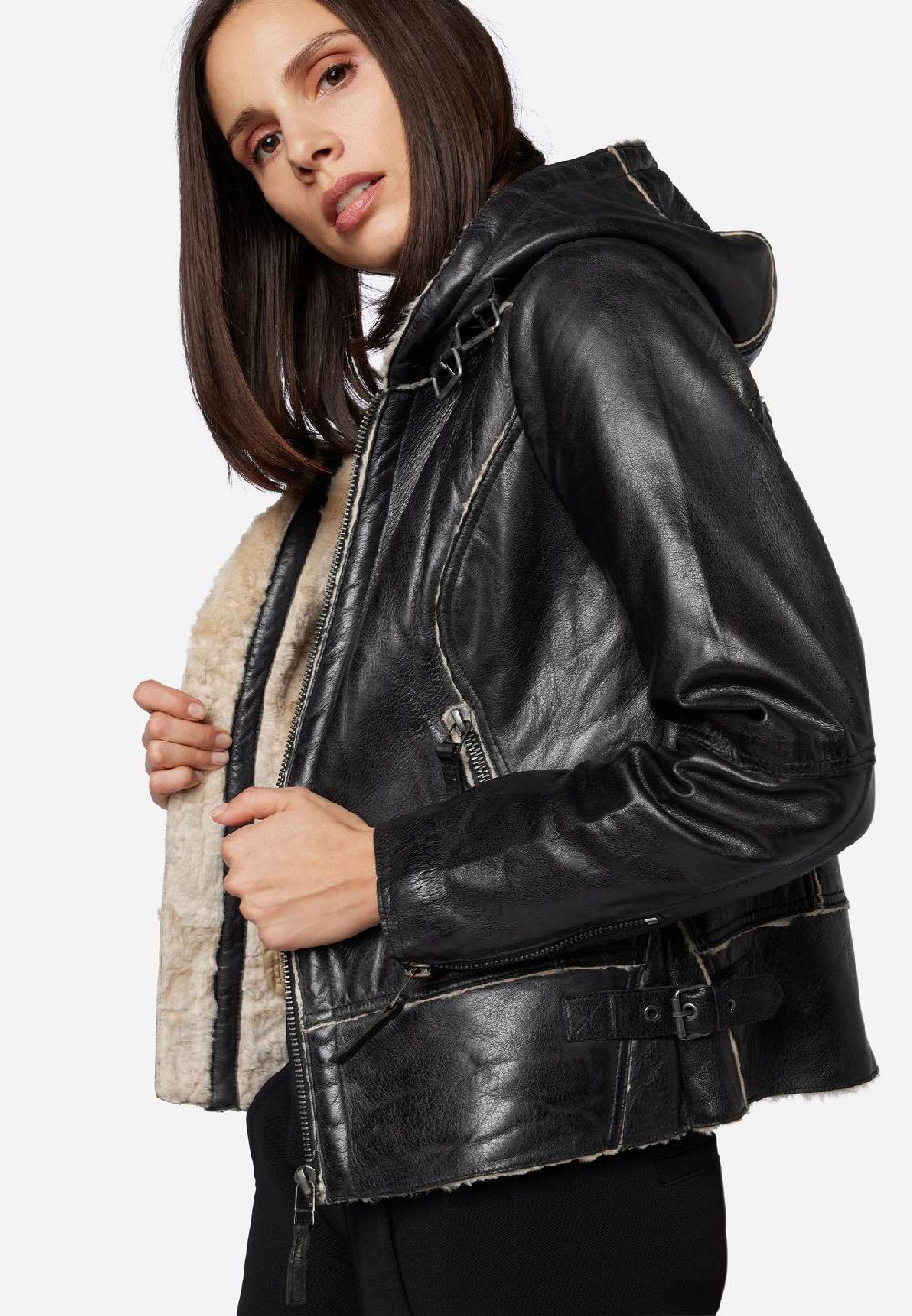 RICANO Damen Lederjacke Jule Bikerjacke mit Fellfütterung und Kapuze Kostenlose Rückgabe