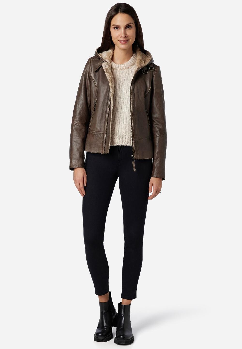 RICANO Damen Lederjacke Jule Bikerjacke mit Fellfütterung und Kapuze Begrenzte Freigabe